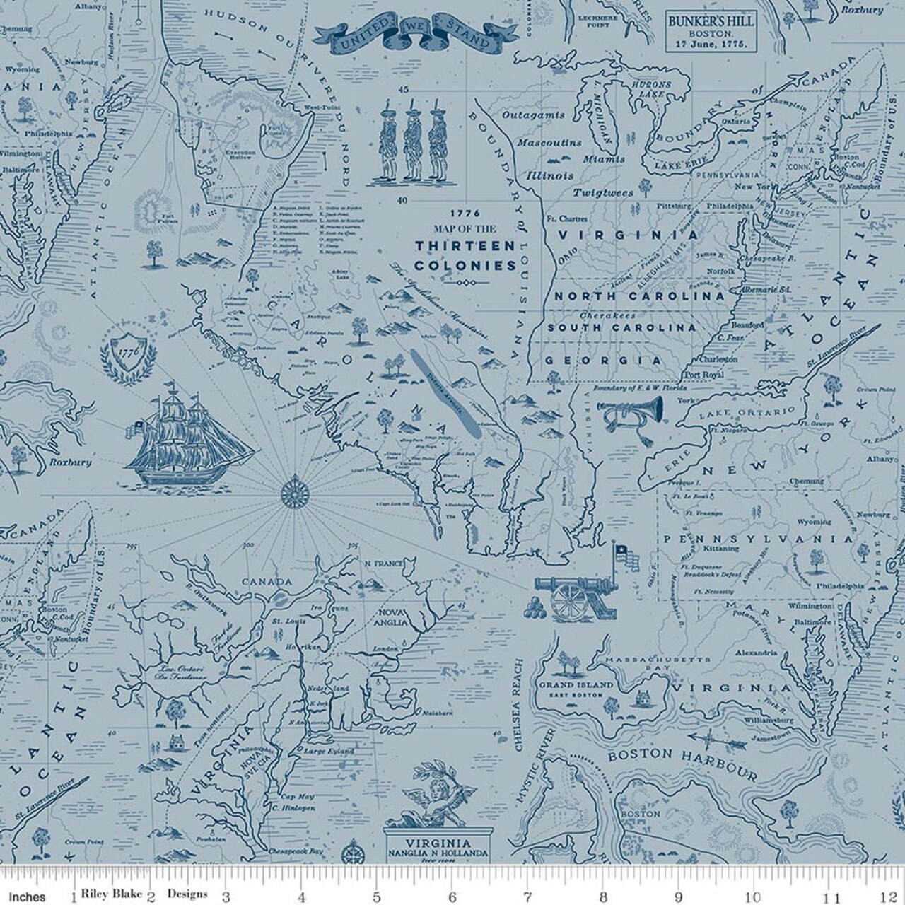 Colonial Map in Blue (c17332-blue) | Independence | Riley Blake Designs | Riley Blake